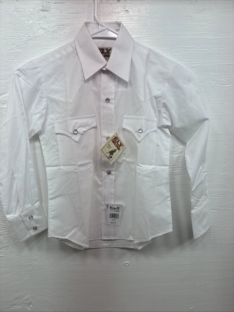 New Boys ELY Cattleman White Long Sleeve Pealr Snap Size 8 DD-49