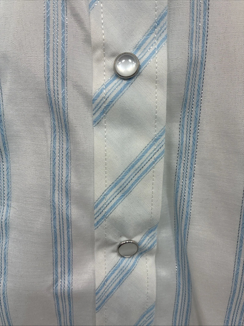 New Womens White Horse White Blue Stripe Long Sleeve Pearl Snap Large V-69