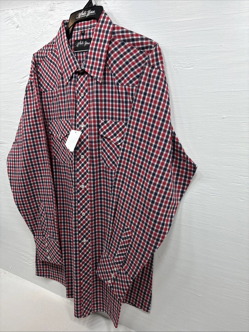 New Men’s White Horse Red Plaid Long Sleeve Pearl Snap XL J-25