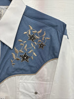 New Men’s ELY Cattleman White Blue Embroidered Long Sleeve Pearl Snap XL H-75