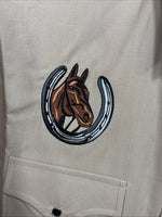 New Men’s ELY Cattleman Tan Horse Design Short Sleeve Pearl Snap Large AA-28