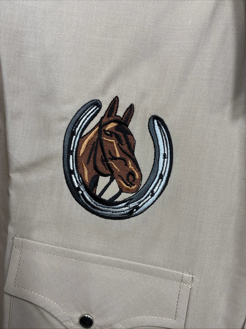 New Men’s ELY Cattleman Tan Horse Design Short Sleeve Pearl Snap Large AA-28