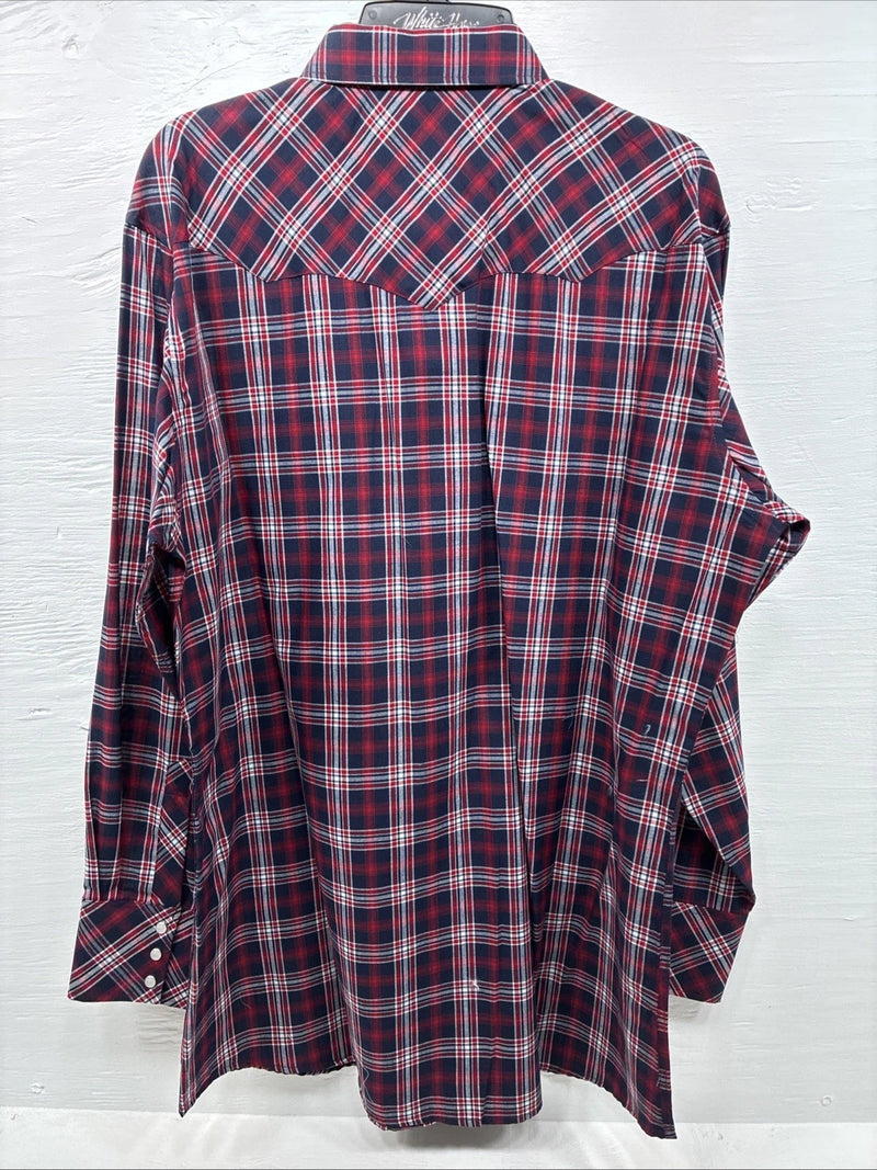 New Men’s White Horse Red Navy Blue Plaid Long Sleeve Pearl Snap XL H-78