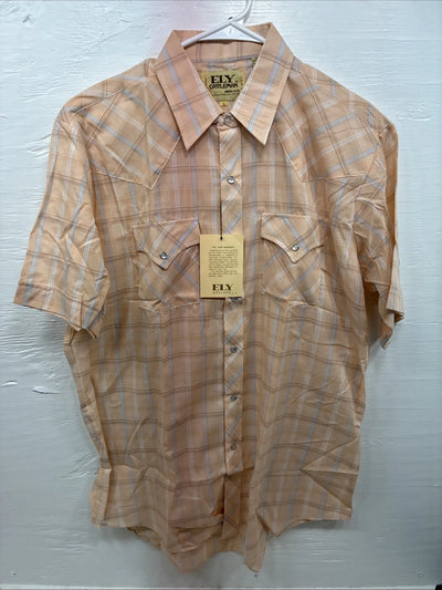 New Men’s ELY Cattleman Orange Plaid Short Sleeve Pearl Snap Large CC-68
