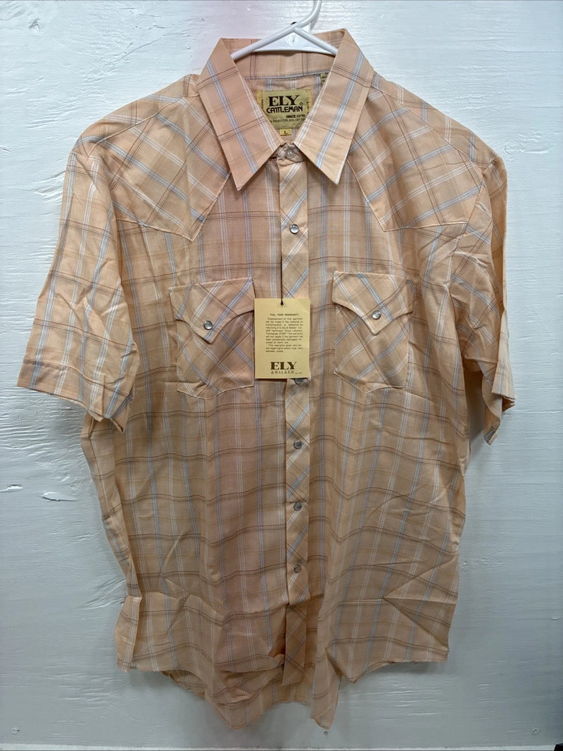 New Men’s ELY Cattleman Orange Plaid Short Sleeve Pearl Snap Large CC-68