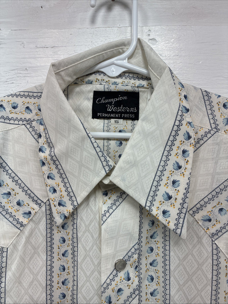 New Men’s Champion Western White Designed Short Sleeve Pearl Snap Medium J-76