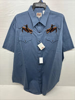 New Men’s ELY Cattleman Blue Embroidered Short Sleeve Pearl Snap 2XL F-82