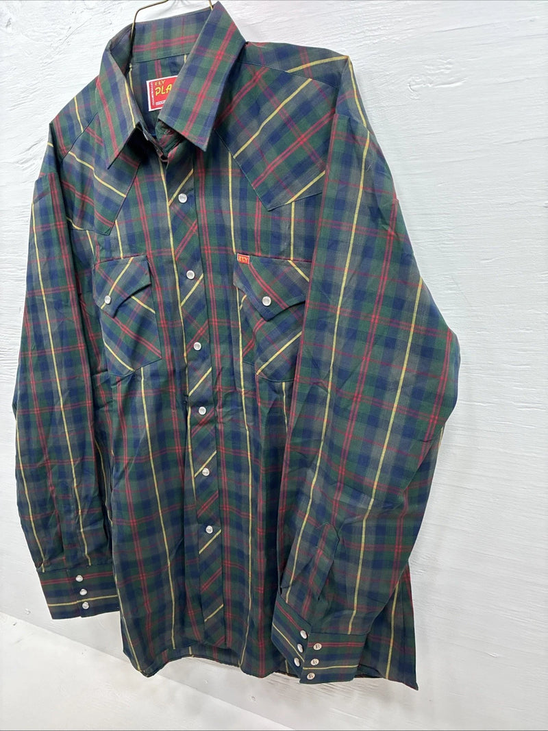 New Men’s ELY Plains Green Multicolor Plaid Long Sleeve Pearl Snap Large Q-66