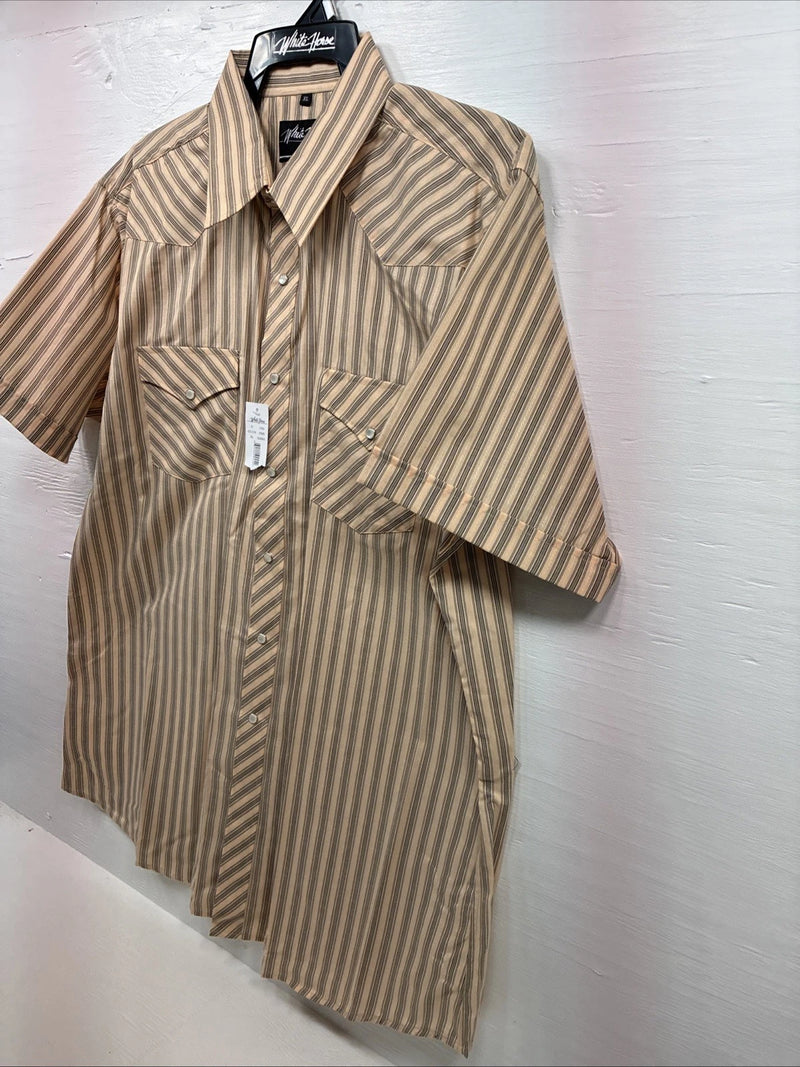 New Men’s White Horse Yellow Black Stripe Short Sleeve Pearl Snap XL T-10