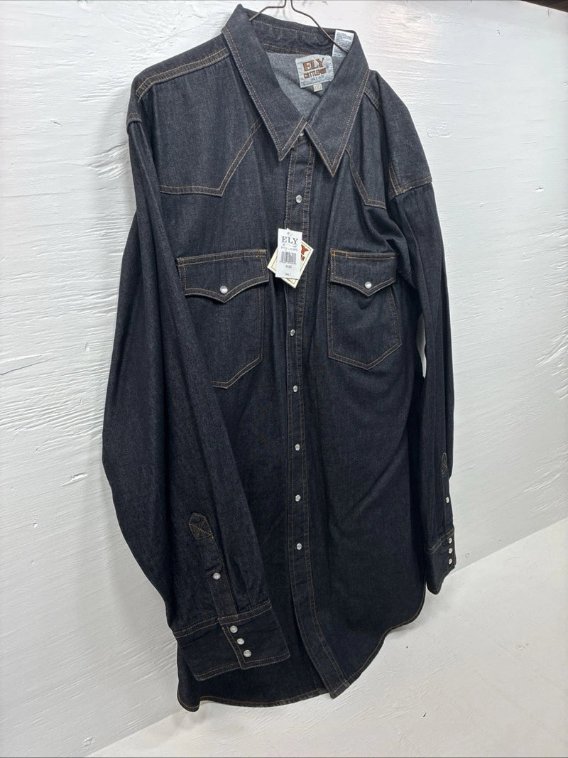 New Men’s ELY Cattleman Dark Jean Design Long Sleeve Pearl Snap Shirt 2XL H-21