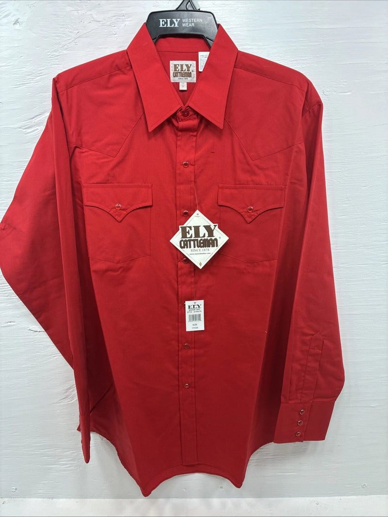 New Men’s ELY Cattleman Red Simple Long Sleeve Pearl Snap 17 X 35 XL M-78