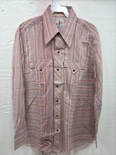 New Men’s Tem Tex Pink Multicolor Stripe Long Sleeve Pearl Snap 15.5 Medium O-26