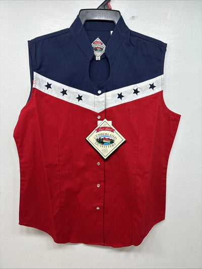 New Women’s Cumberland Red Blue Sleeveless Pearl Snap Small TT-19