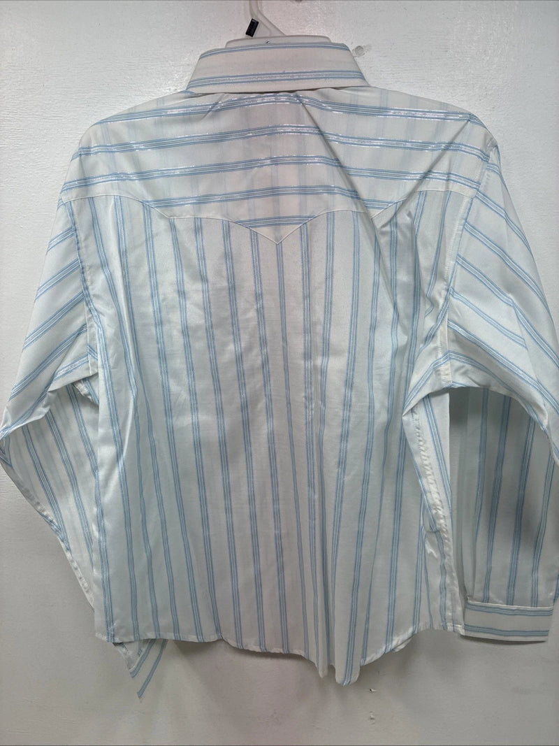 New Women’s White Horse White Blue Stripe Long Sleeve Pearl Snap Large YY-125