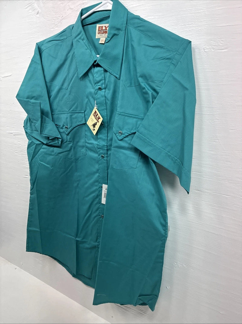 New Men’s ELY Cattleman Teal Western Short Sleeve Pearl Snap 16.5 Large T-52
