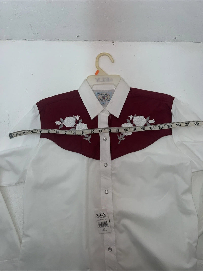 New Women’s ELY Cattleman White Red Flower Long Sleeve Button Up M #3802 3C-42