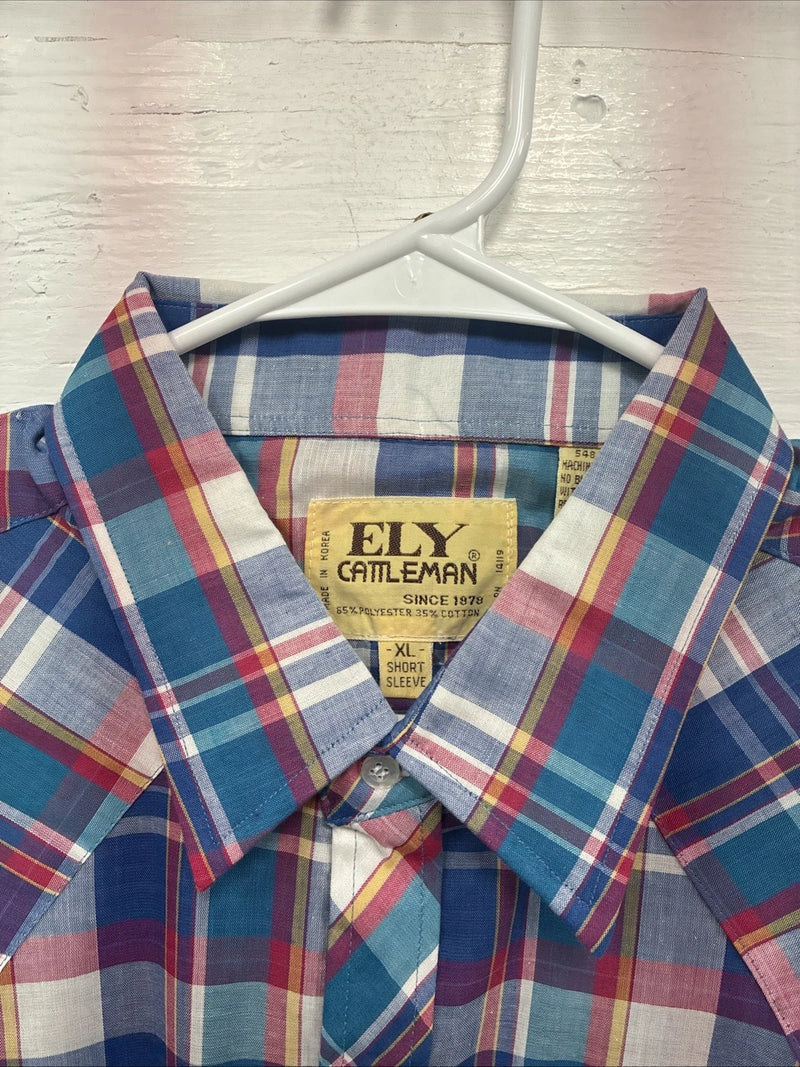 New Men’s ELY Cattleman Purple Multicolor Plaid Short Sleeve Pearl Snap XL R-54