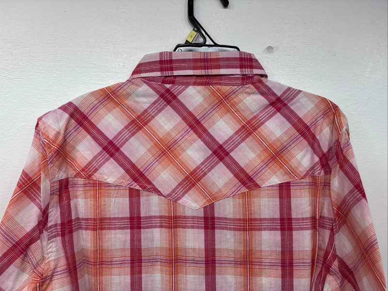 New Women’s Cumberland Pink Orange Plaid Long Sleeve Pearl Snap Large II-106