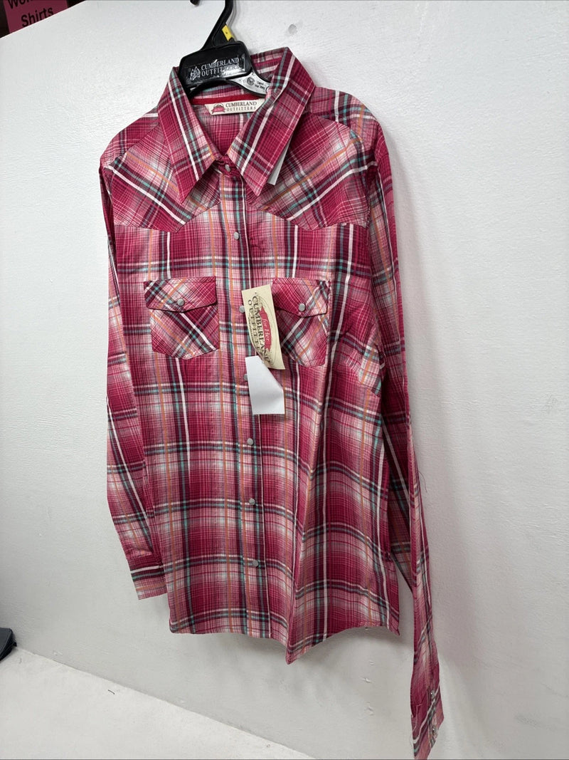 New Women’s Cumberland Pink Plaid Long Sleeve Pearl Snap Large GG-28