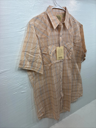 New Men’s ELY Cattleman Orange Plaid Short Sleeve Pearl Snap Large X-28
