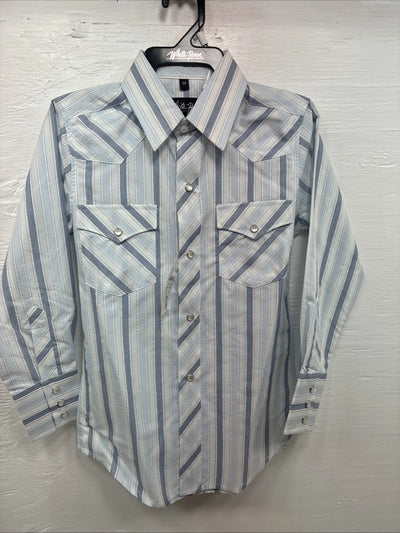 New Kids White Horse Blue Stripe Long Sleeve Pearl Snap Medium DD-35