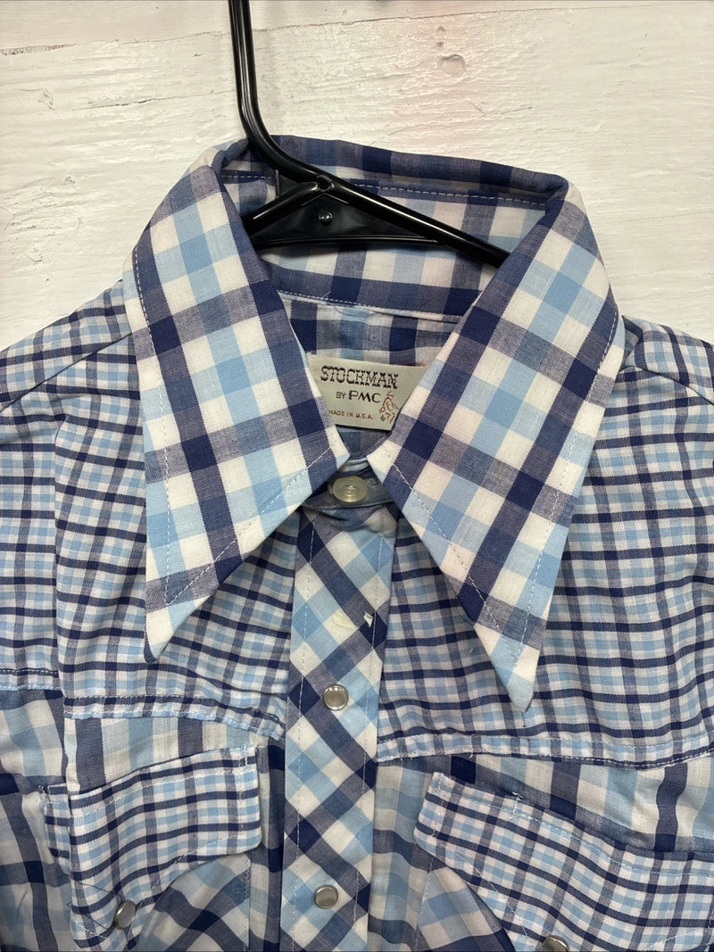 New Men’s Stockman Blue Plaid Long Sleeve Pearl Snap 14.5 Small AA-67