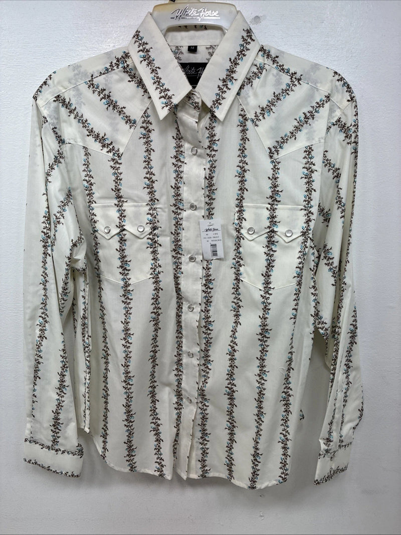 New Women’s White Horse White Floral Long Sleeve Pearl Snap Medium YY-80