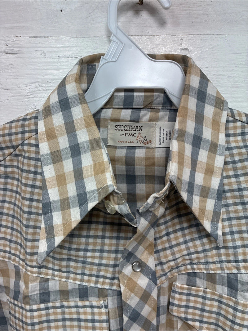 New Men’s Stockman Yellow Grey Plaid Long Sleeve Pearl Snap 14.5 Small X-37