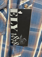 New Men’s ELY 1878 Blue Brown Plaid Long Sleeve Pearl Snap XL T-35
