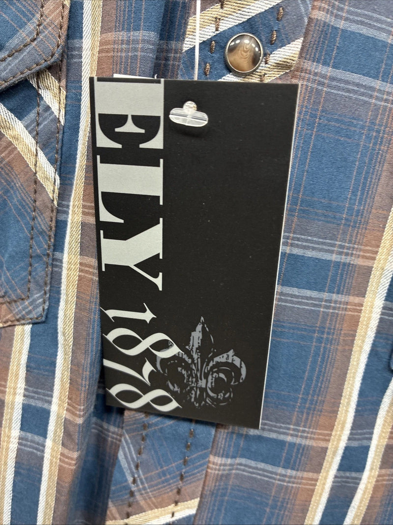 New Men’s ELY 1878 Blue Brown Plaid Long Sleeve Pearl Snap XL T-35