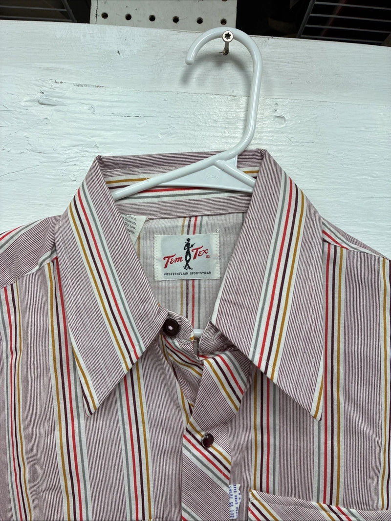 New Men’s Tem Tex Pink Multicolor Stripe Long Sleeve Pearl Snap 15.5 Medium M-98