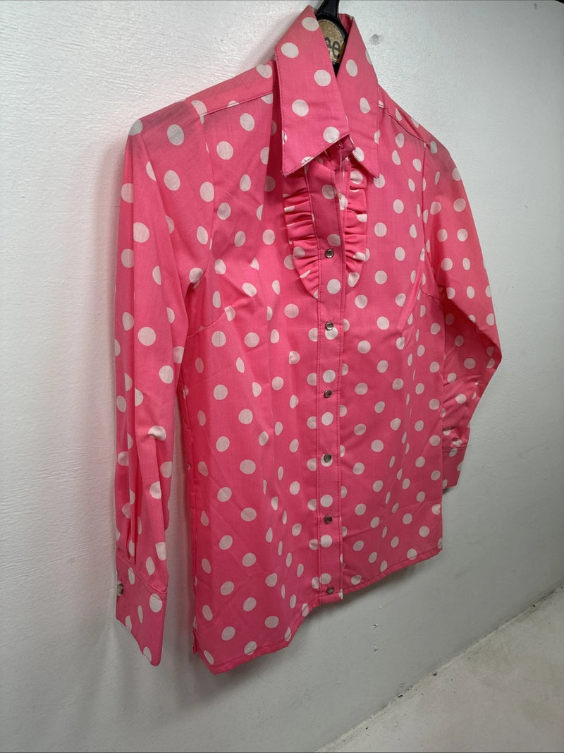 New Women’s Rockmount Pink Polkadot Long Sleeve Pearl Snap Size 30 YY-24