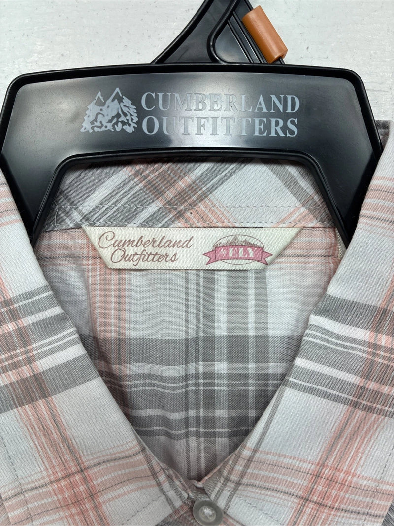 New Women’s Cumberland Gray Pink Plaid Short Sleeve Pearl Snap Medium LL-106