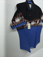 New Men’s Blue Black Horse ELY Cattleman Short Sleeve Pearl Snap Shirt. L P-55