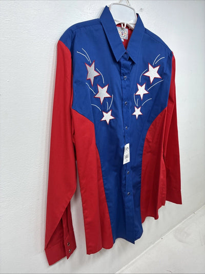 New Women’s Country Charmer Red Blue Long Sleeve Pearl Snap Large MM-65