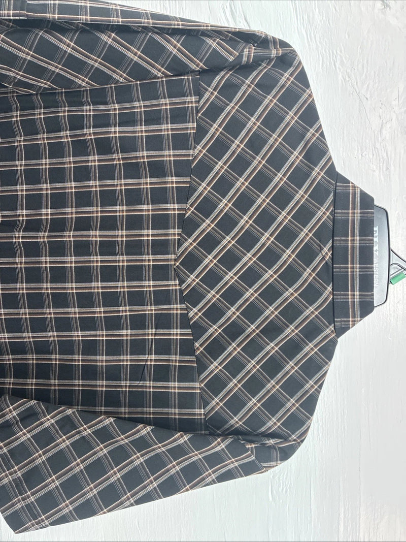 New Men’s ELY Cattleman Black Brown Plaid Short Sleeve Pearl Snap XL T-29