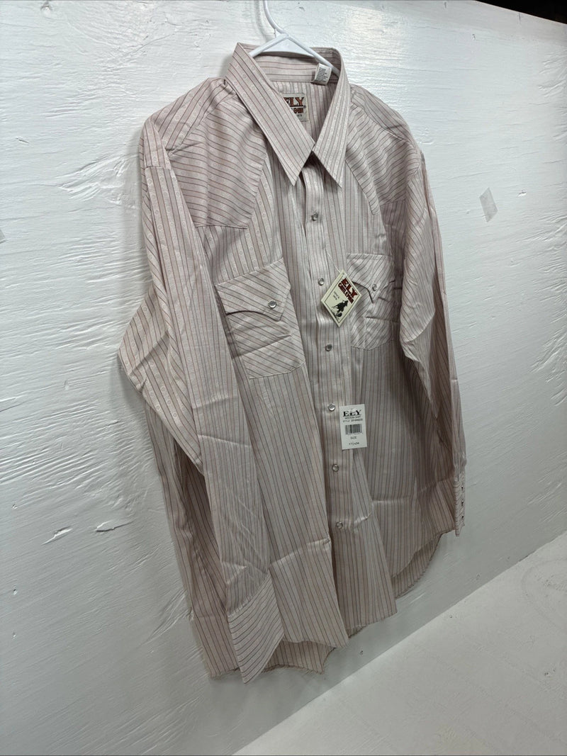 New Men’s ELY Cattleman Pink Stripe Long Sleeve Pearl Snap 17.5 X 34 XL T-31