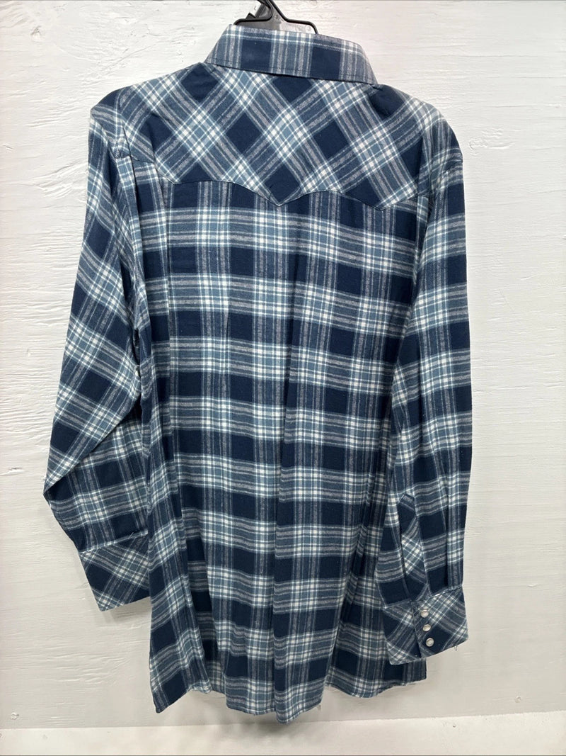New Men’s White Horse Blue Plaid Long Sleeve Pearl Snap Large V-51