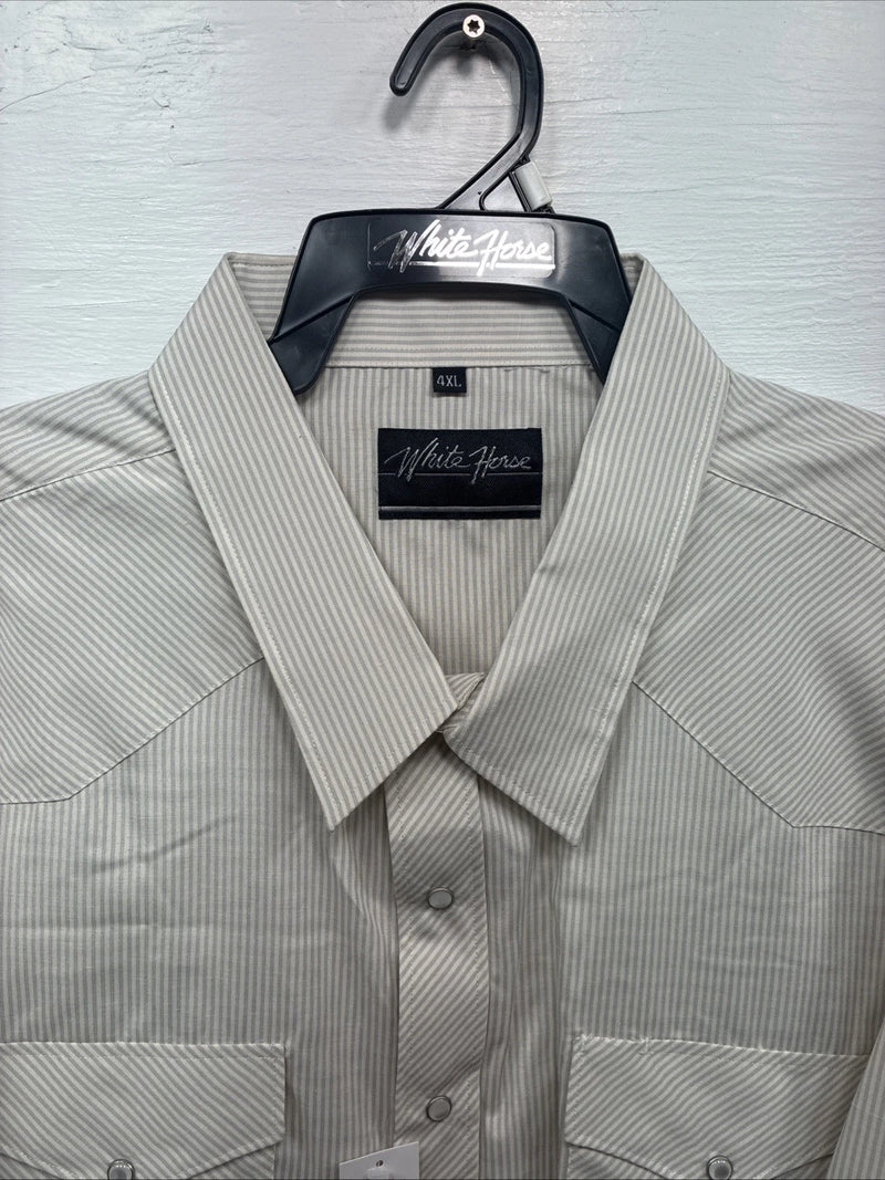 New Men’s White Horse Beige Stripe Long Sleeve Pearl Snap 4XL F-50
