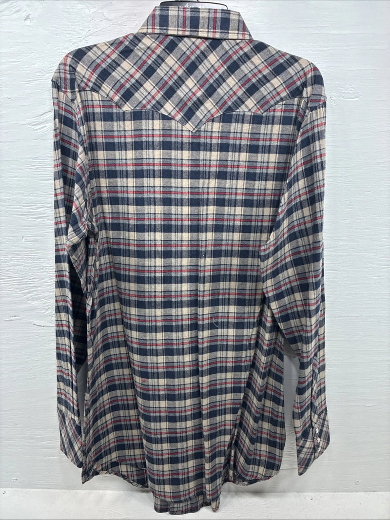 New Men’s White Horse Brown Blue Plaid Long Sleeve Pearl Snap Large Tall X-74