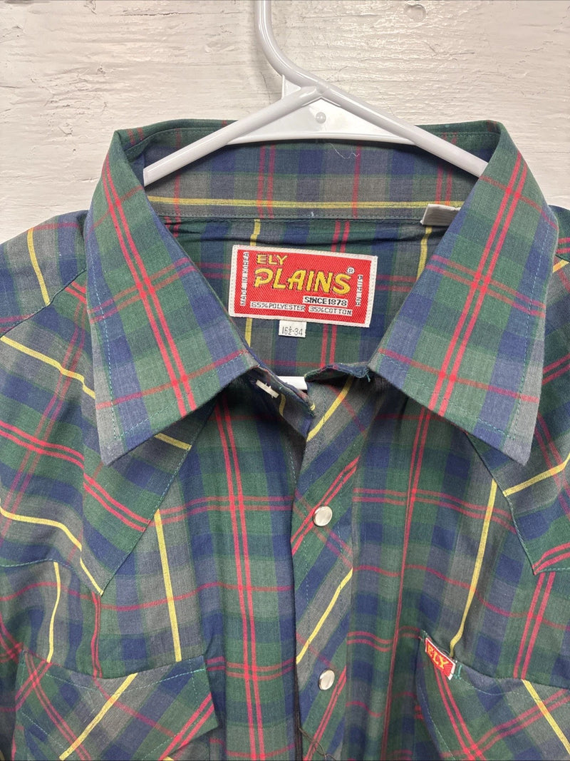 New Men’s ELY Plains Green Plaid Long Sleeve Pearl Snap 16.5 X 34 Large R-19