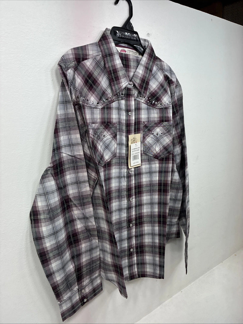 New Women’s Cumberland Purple Plaid Long Sleeve Pearl Snap 1XL GG-23