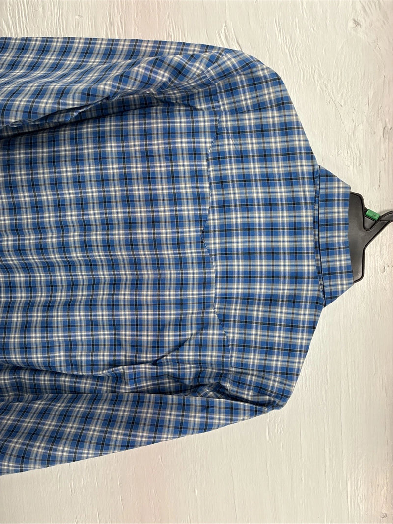New Men’s White Horse Blue Plaid Long Sleeve Pearl Snap XL O-43