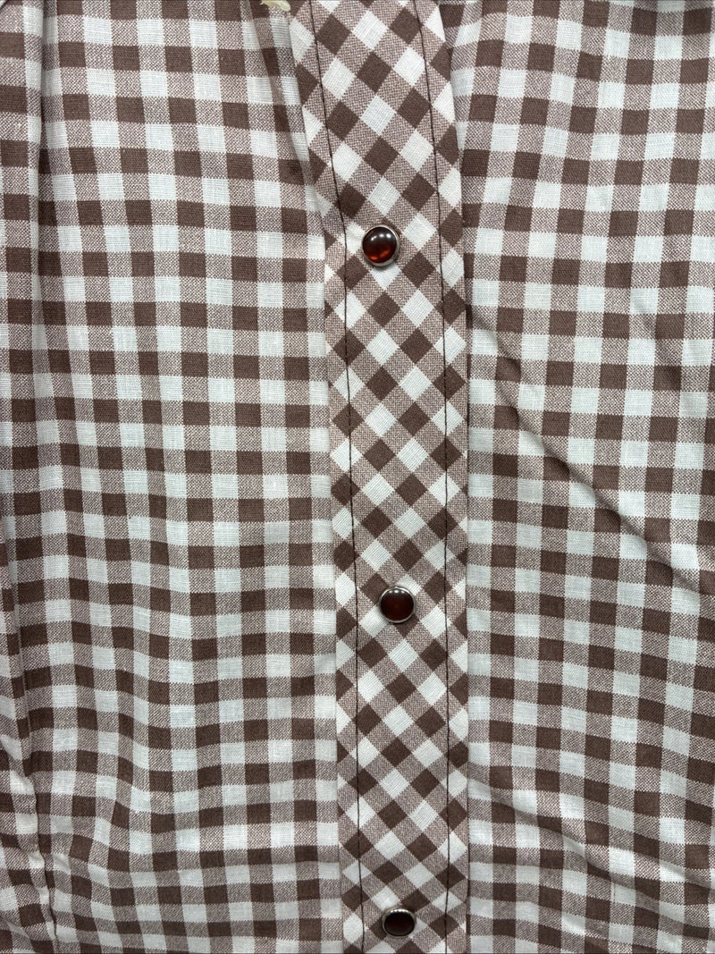 New Women’s Karman Brown Checkered Long Sleeve Pearl Snap Size 30 LL-54