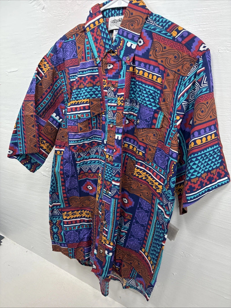 New Men’s San Angelo Multicolor Design Short Sleeve Bottom Up Large AA-60