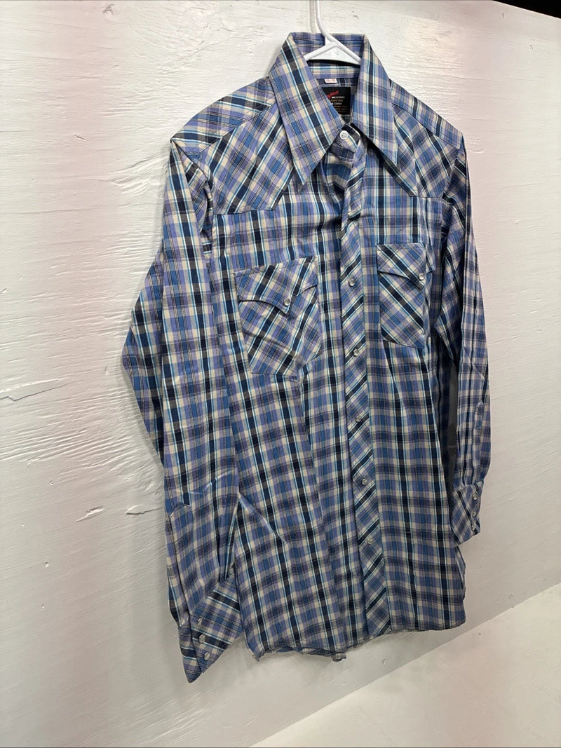 Me end Champion Westerns Purple Plaid Long Sleeve Pearl Snap 14.5 Small R-35