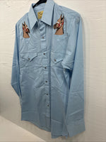 New Men’s ELY Wildlife Blue Horse Embroidered Long Sleeve Pearl Snap Small M-33