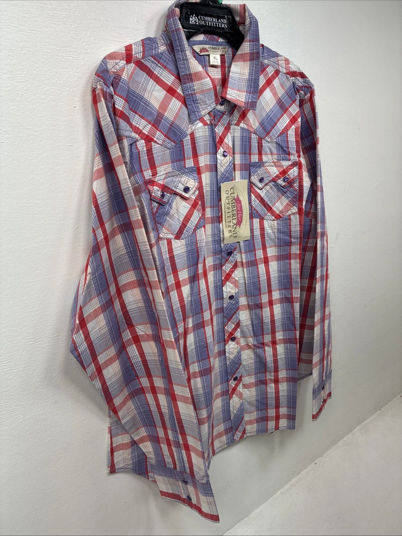 New Women’s Cumberland Pink Purple Plaid Long Sleeve Pearl Snap XL GG-60