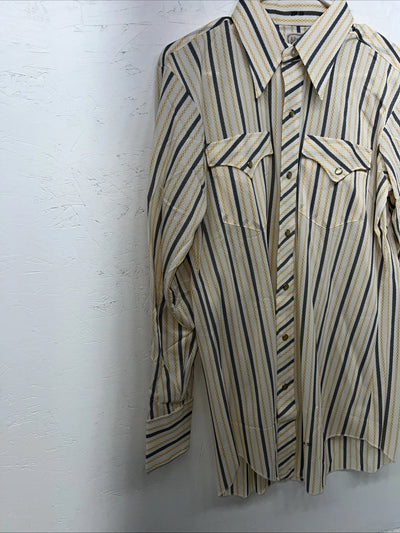 New Men’s Yellow Stripped HbarC Pearl Snap Long Sleeve Shirt 15.5x33 M I-31