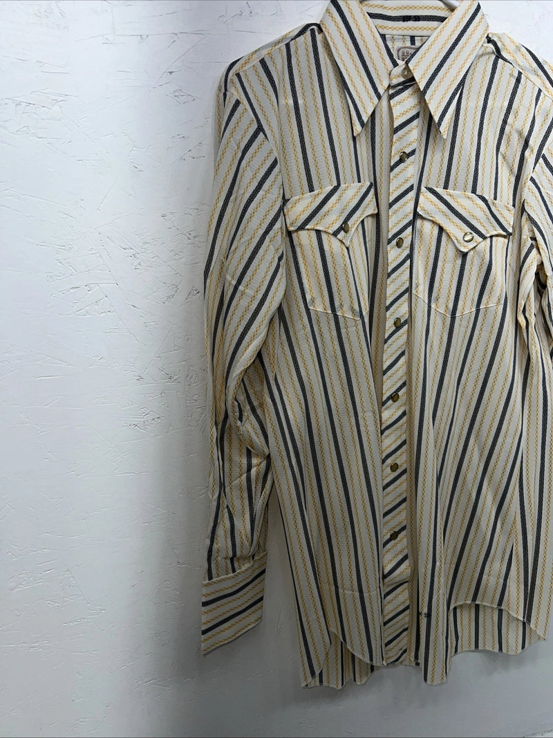 New Men’s Yellow Stripped HbarC Pearl Snap Long Sleeve Shirt 15.5x33 M I-31